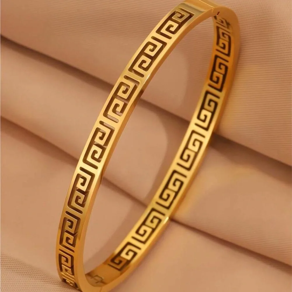 Gold Plated Stainless Steel Greek Key Bangle Bracelet Designer Style Cuff